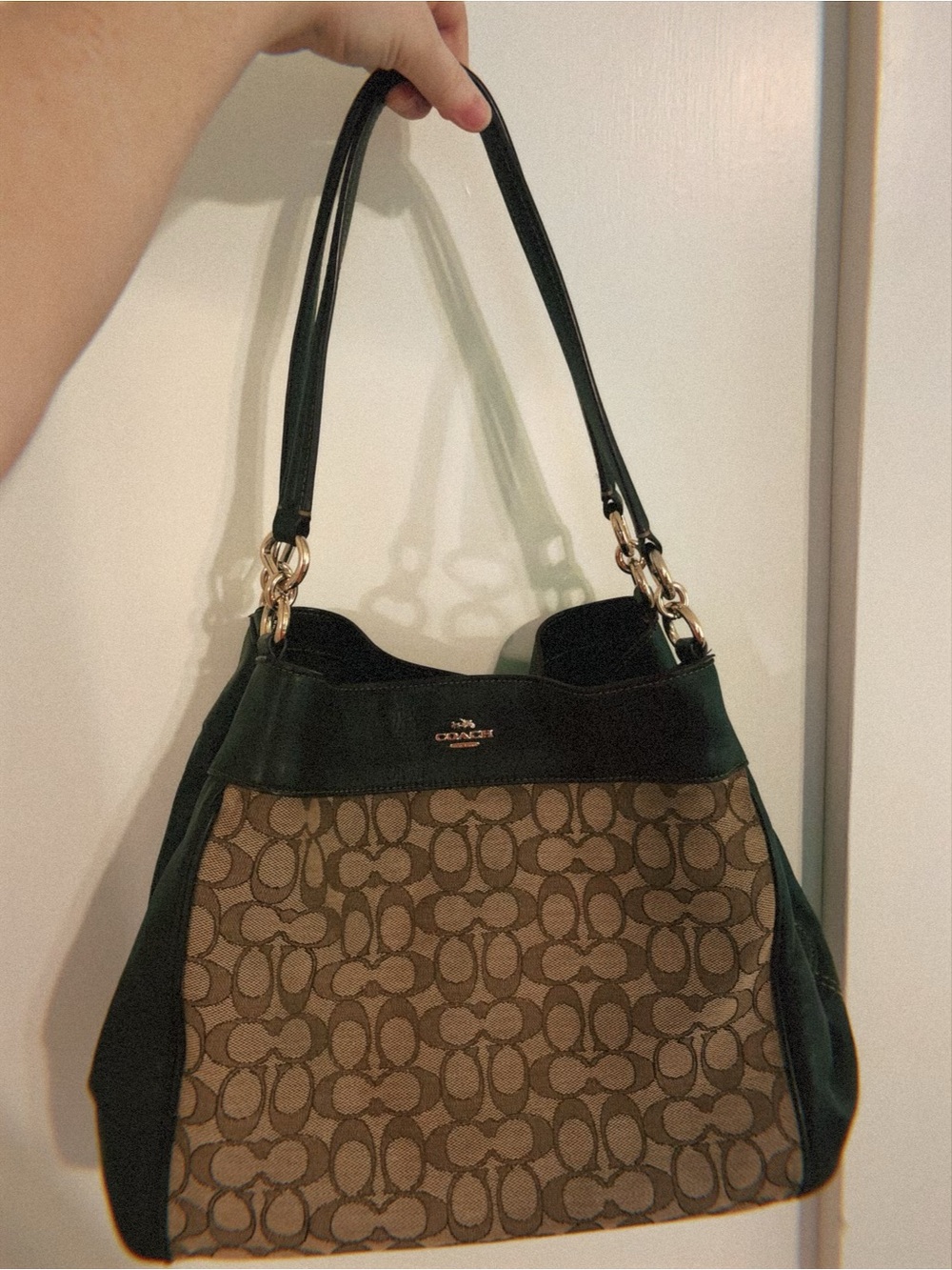 Coach Brown Signature Jacquard Shoulder Bag with Dark Brown Trim